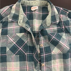 Cat & Jack Green Pink Plaid Button-Up Shirt Girls XL 14-16
